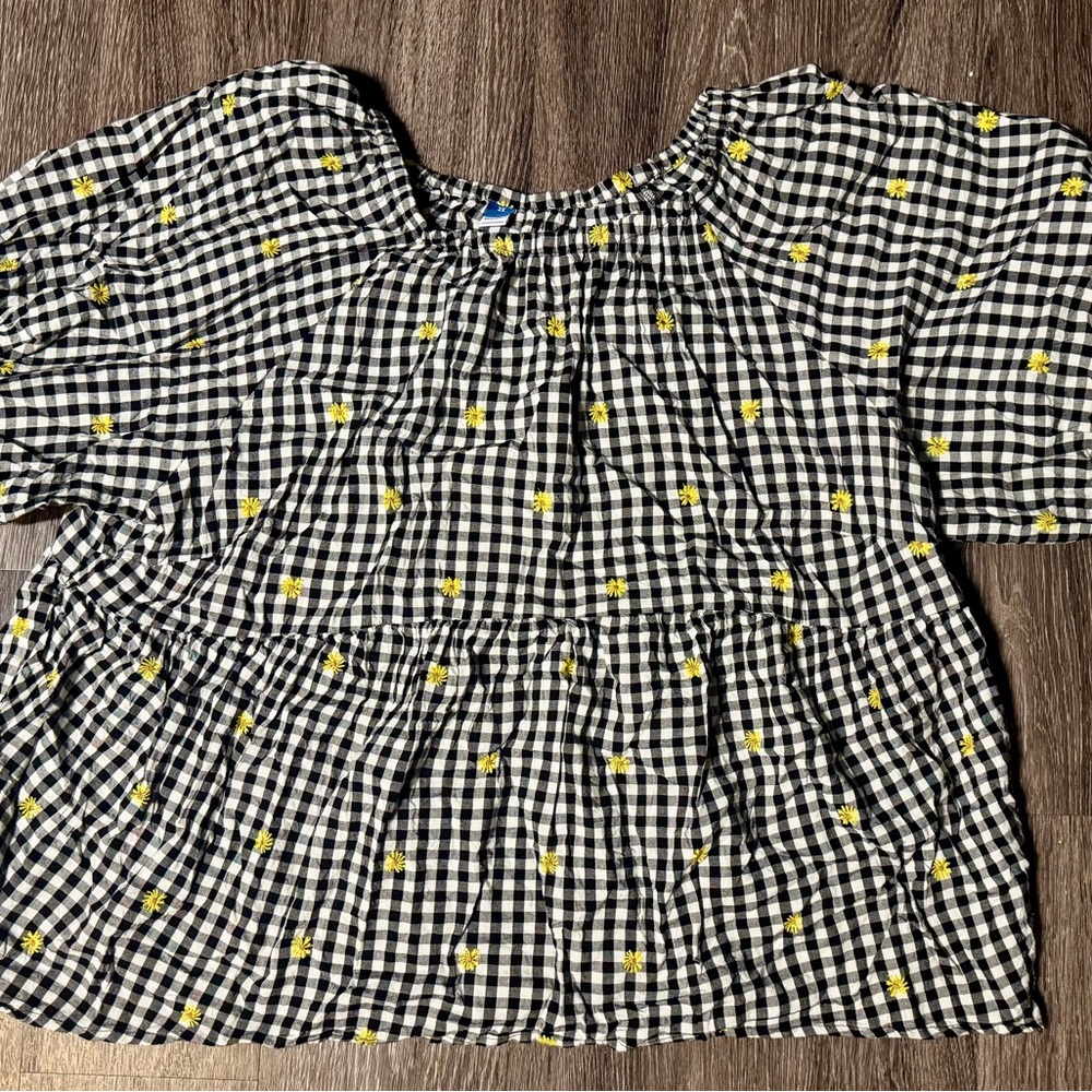Gingham Checkered Top with Yellow Flower Accents